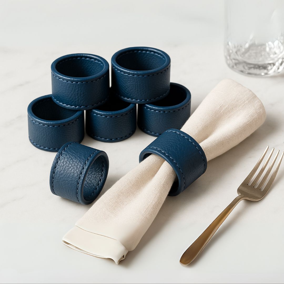 Faux-Leather Napkin Ring Set in Mist Blue
