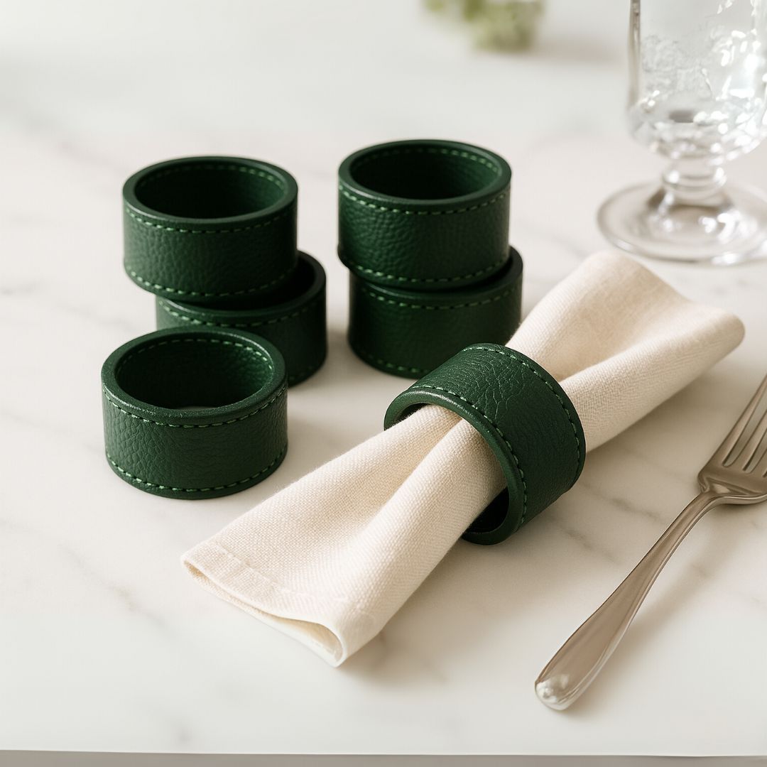 Faux-Leather Napkin Ring Set in Sage Green