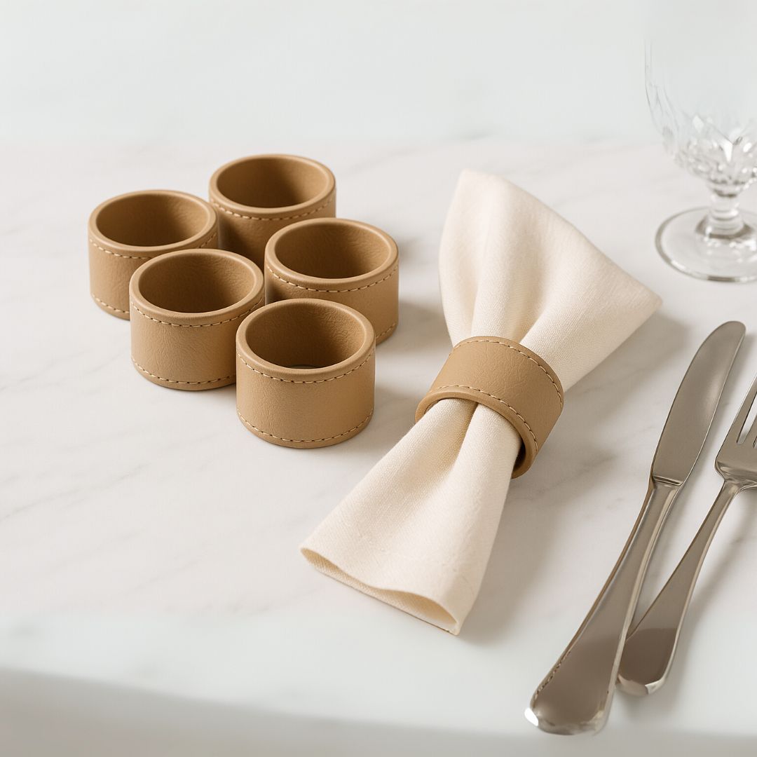 Faux-Leather Napkin Ring Set in Soft Sand