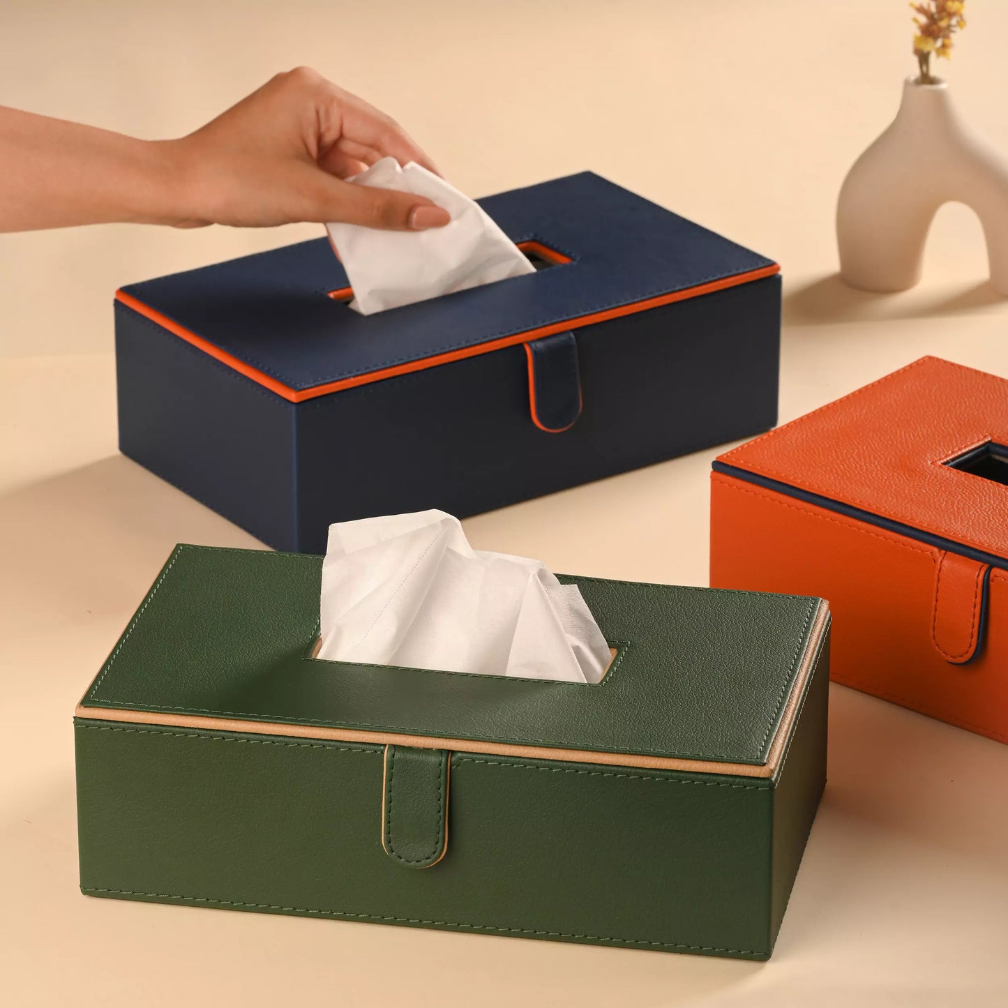Beige Faux Leather Tissue Box Holder