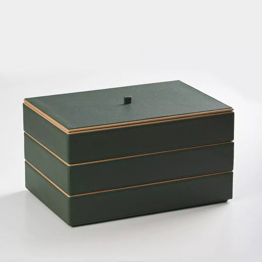 Dual Tone Hand Crafted Faux Leather Organizer Stack Tray Set Of 3 With Lid (Green)