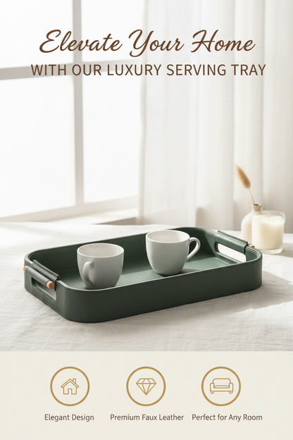 Green Faux Leather Small Serving Tray With Wooden Handle