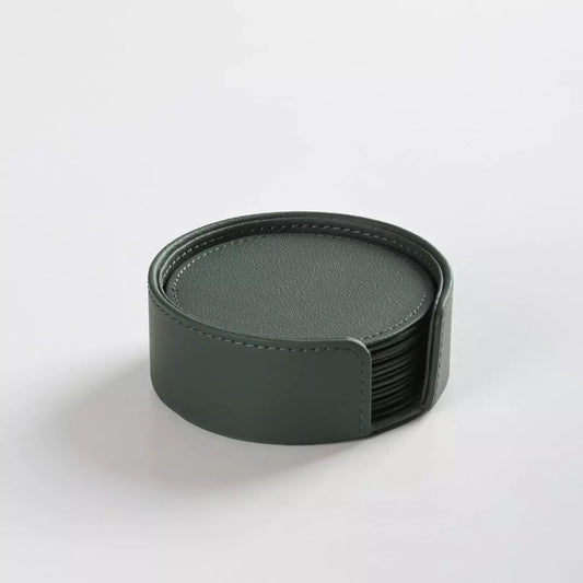 Round Shaped Hand Crafted Faux Leather Coaster Set (Green)