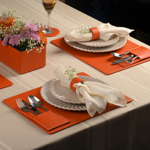 Faux Leather Dining Set Contains 6 Placemats, 6 Napkin Rings, 6 Cutlery Holder, 6 Coasters (Orange)
