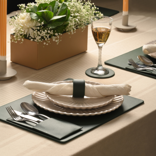Faux Leather Dining Set Contains 6 Placemats, 6 Napkin Rings, 6 Cutlery Holder, 6 Coasters (Green)