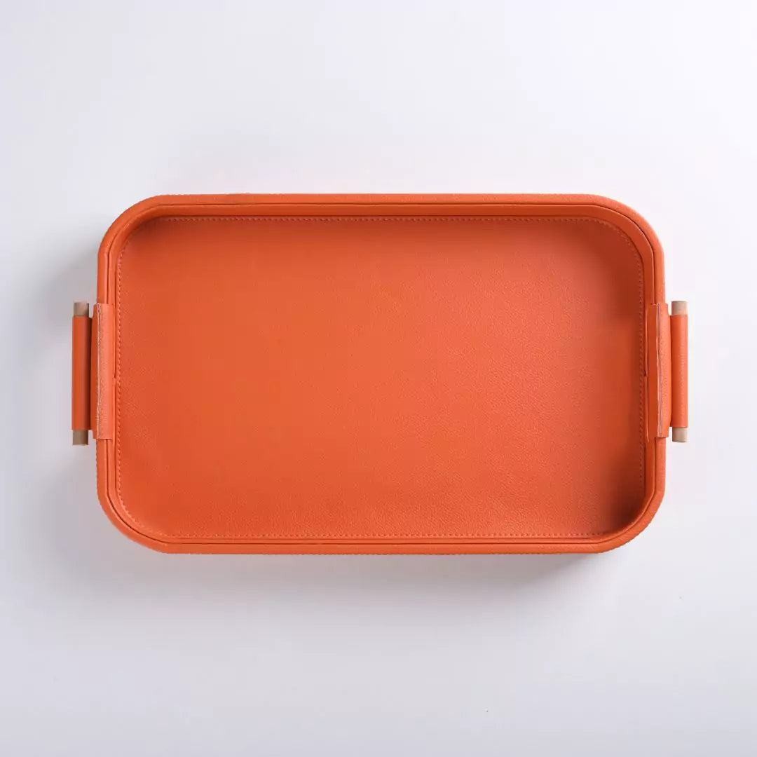 Hand Crafted Faux Leather Set of 2 Trays With Wooden Handle (Orange)