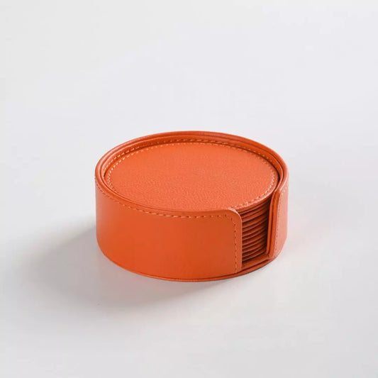 Round Shaped Hand Crafted Faux Leather Coaster Set (Orange)