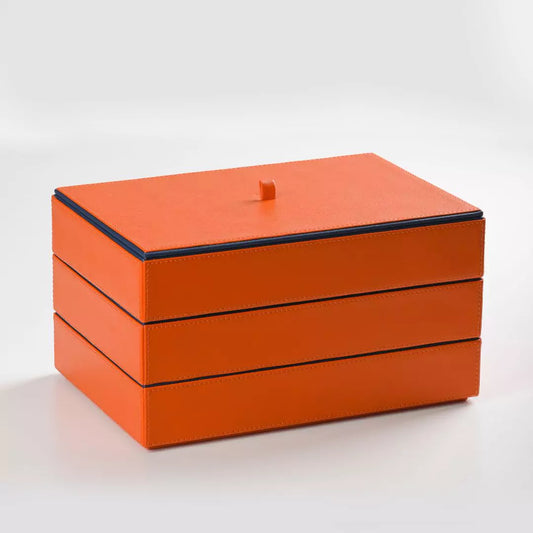 Dual Tone Hand Crafted Faux Leather Organizer Stack Tray Set Of 3 With Lid (Orange)