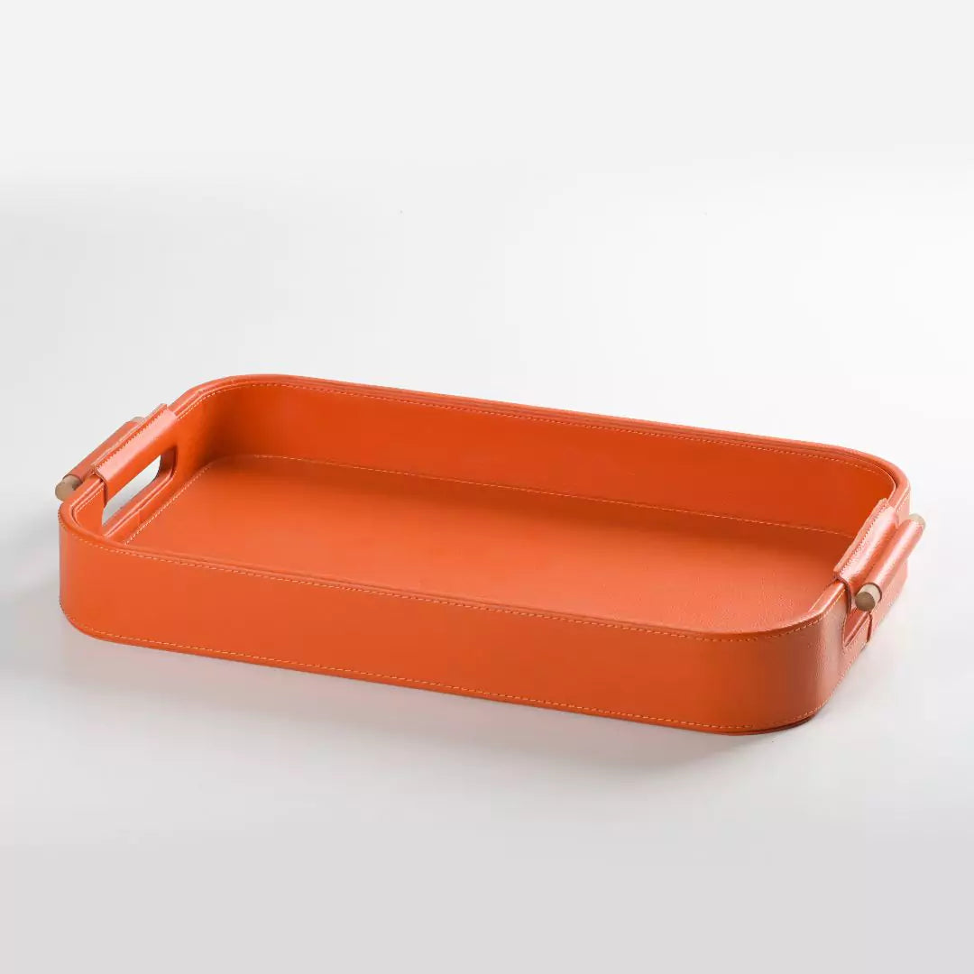 Hand Crafted Faux Leather Set of 2 Trays With Wooden Handle (Orange)