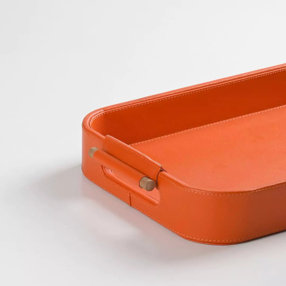 Orange Faux Leather Small Serving Tray With Wooden Handle