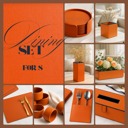 Orange Faux Leather Dining Set For 8