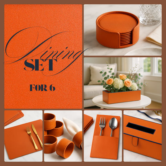 Orange Faux Leather Dining Set For 6