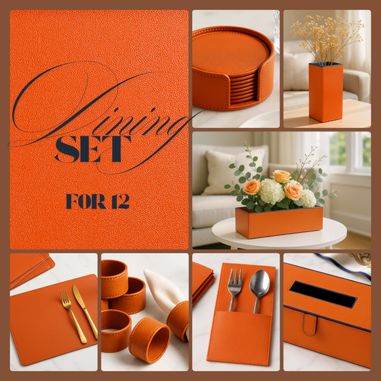 Orange Faux Leather Dining Set For 12
