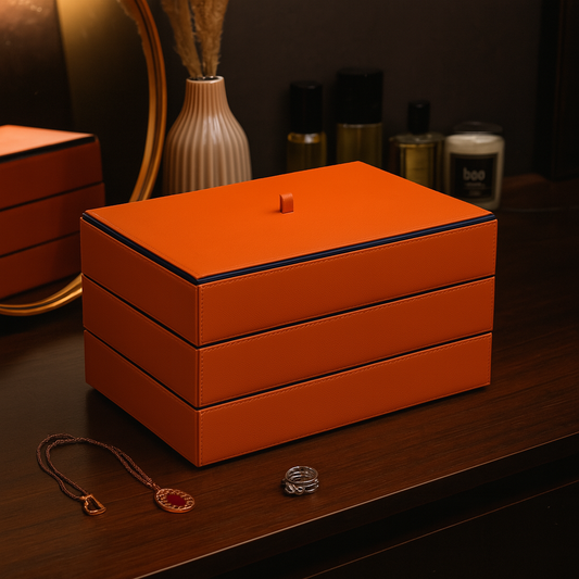 Orange Faux Leather Set of 3 Stack Tray With Lid