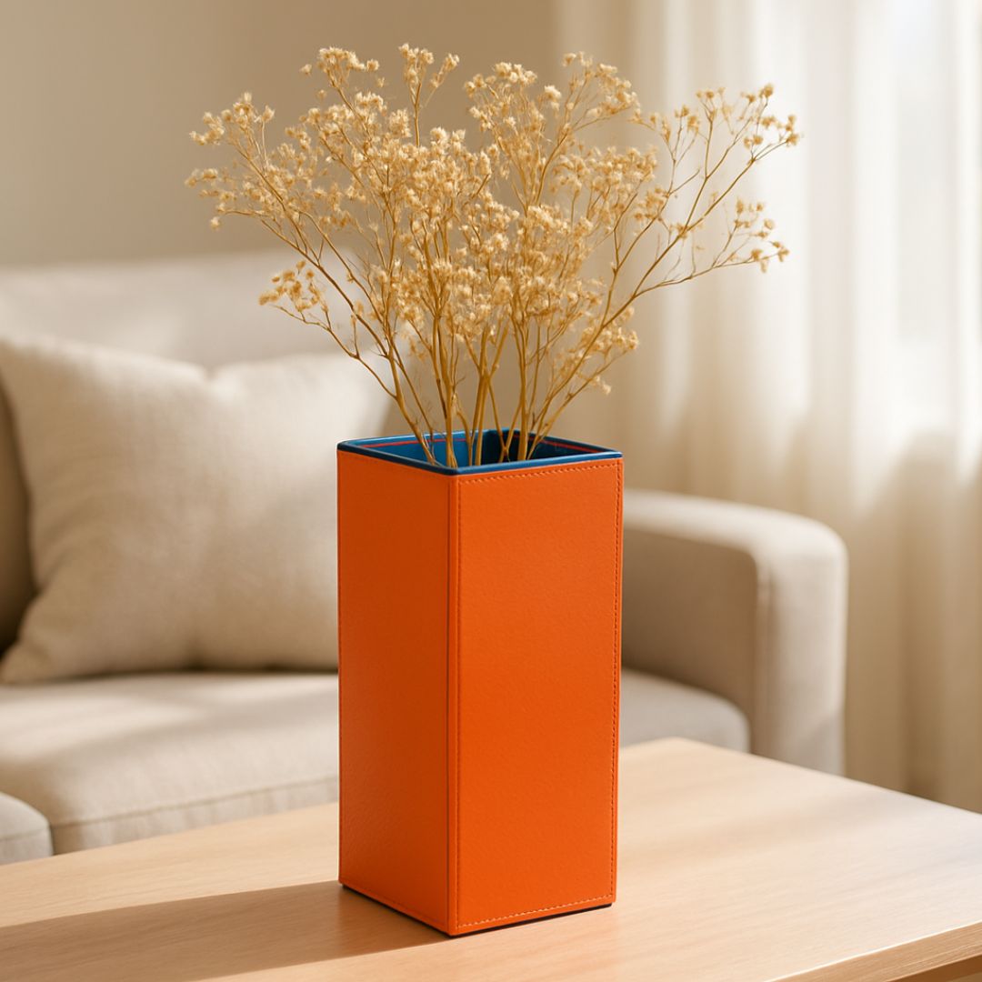 Sculptural Faux-Leather Vase in Mellow Apricot, Medium Vertical