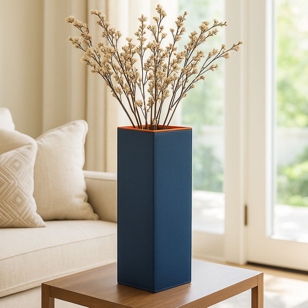 Sculptural Faux-Leather Vase in Mist Blue, Large Vertical