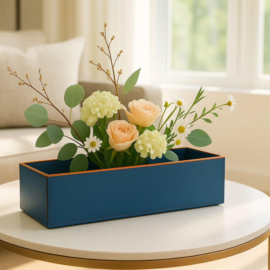 Sculptural Faux-Leather Vase in Mist Blue, Rectangular