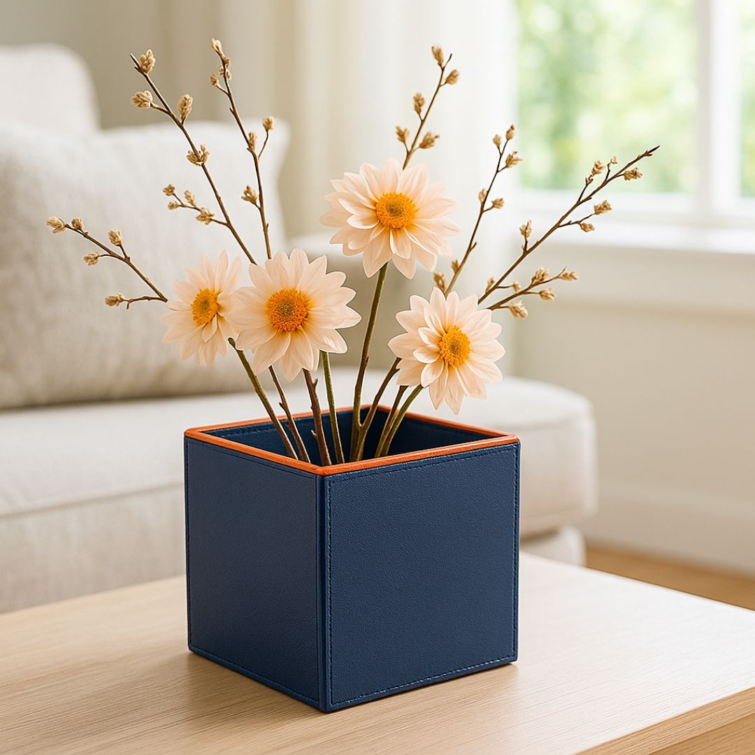 Sculptural Faux-Leather Vase in Mist Blue, Small Vertical