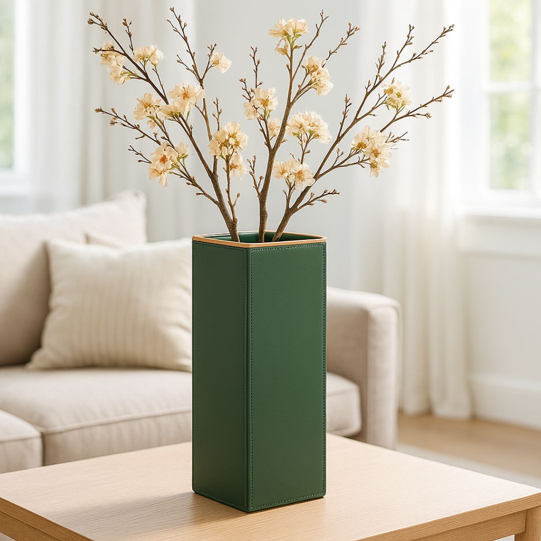 Sculptural Faux-Leather Vase in Sage Green, Large Vertical
