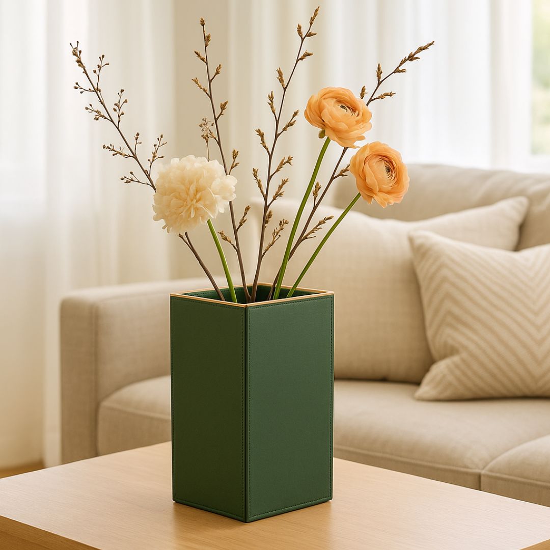 Sculptural Faux-Leather Vase in Sage Green, Medium Vertical