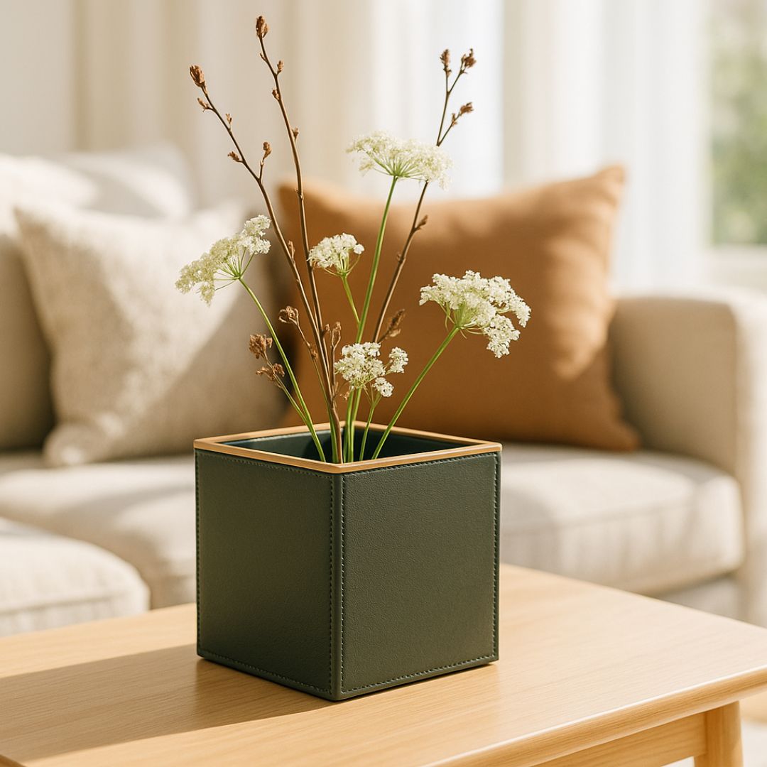 Sculptural Faux-Leather Vase in Sage Green, Small Vertical