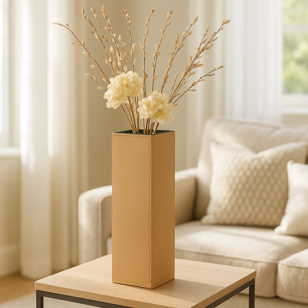Sculptural Faux-Leather Vase in Soft Sand, Large Vertical