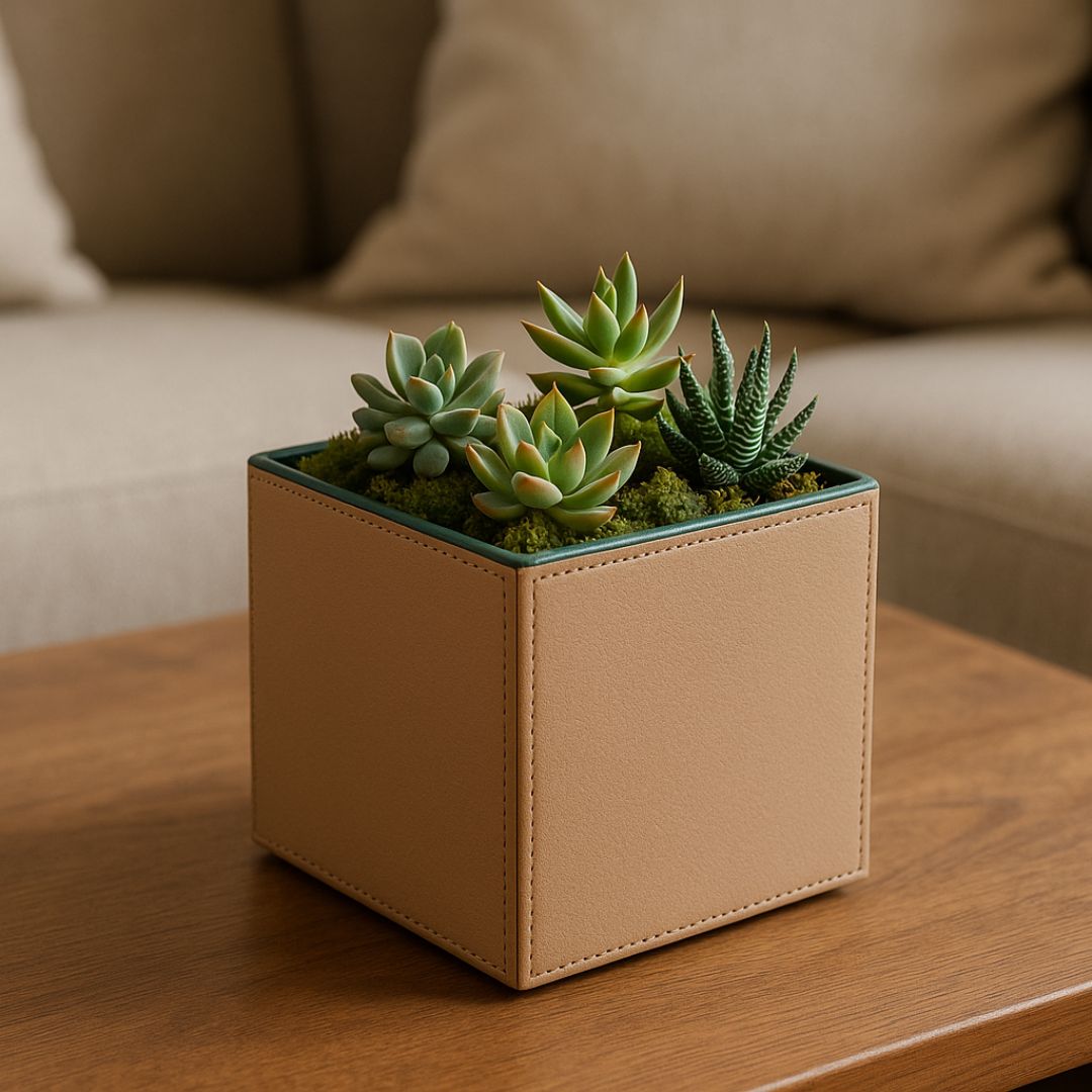 Sculptural Faux-Leather Vase in Soft Sand, Small Vertical