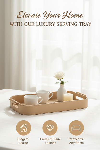 Beige Faux Leather Small Serving Tray With Wooden Handle