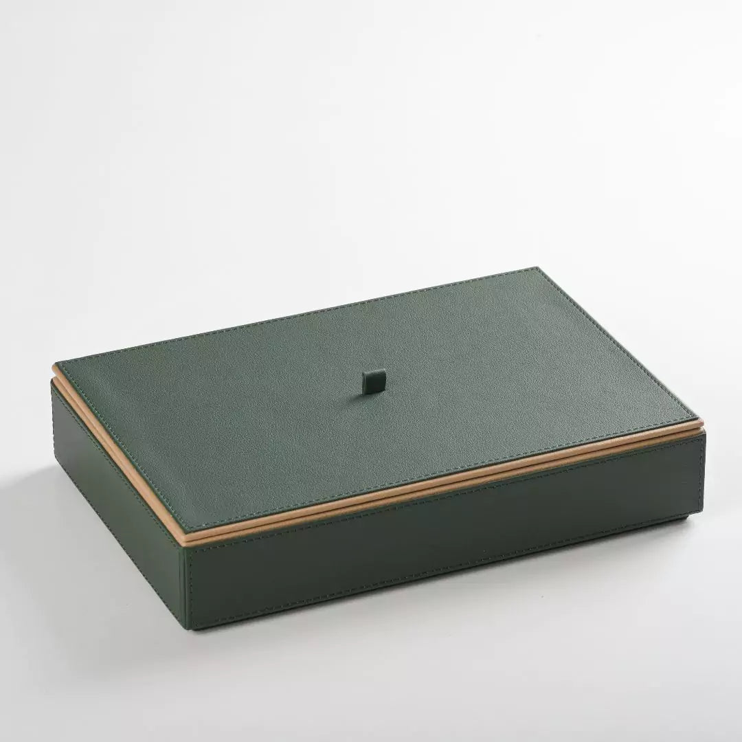 Green Faux Leather Set of 3 Stack Tray With Lid