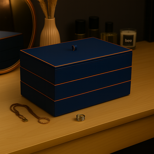 Blue Faux Leather Set of 3 Stack Tray With Lid