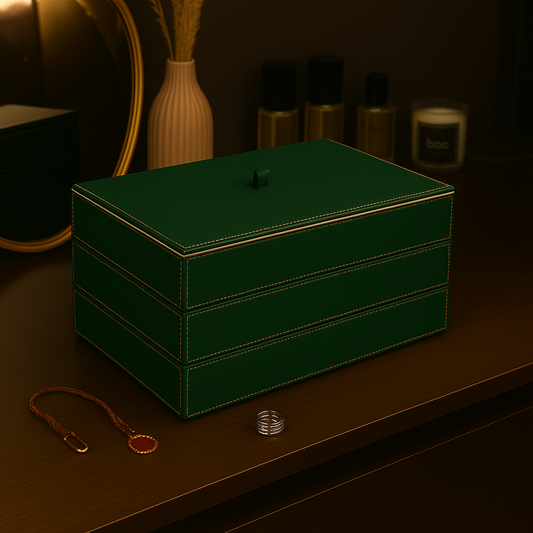 Green Faux Leather Set of 3 Stack Tray With Lid