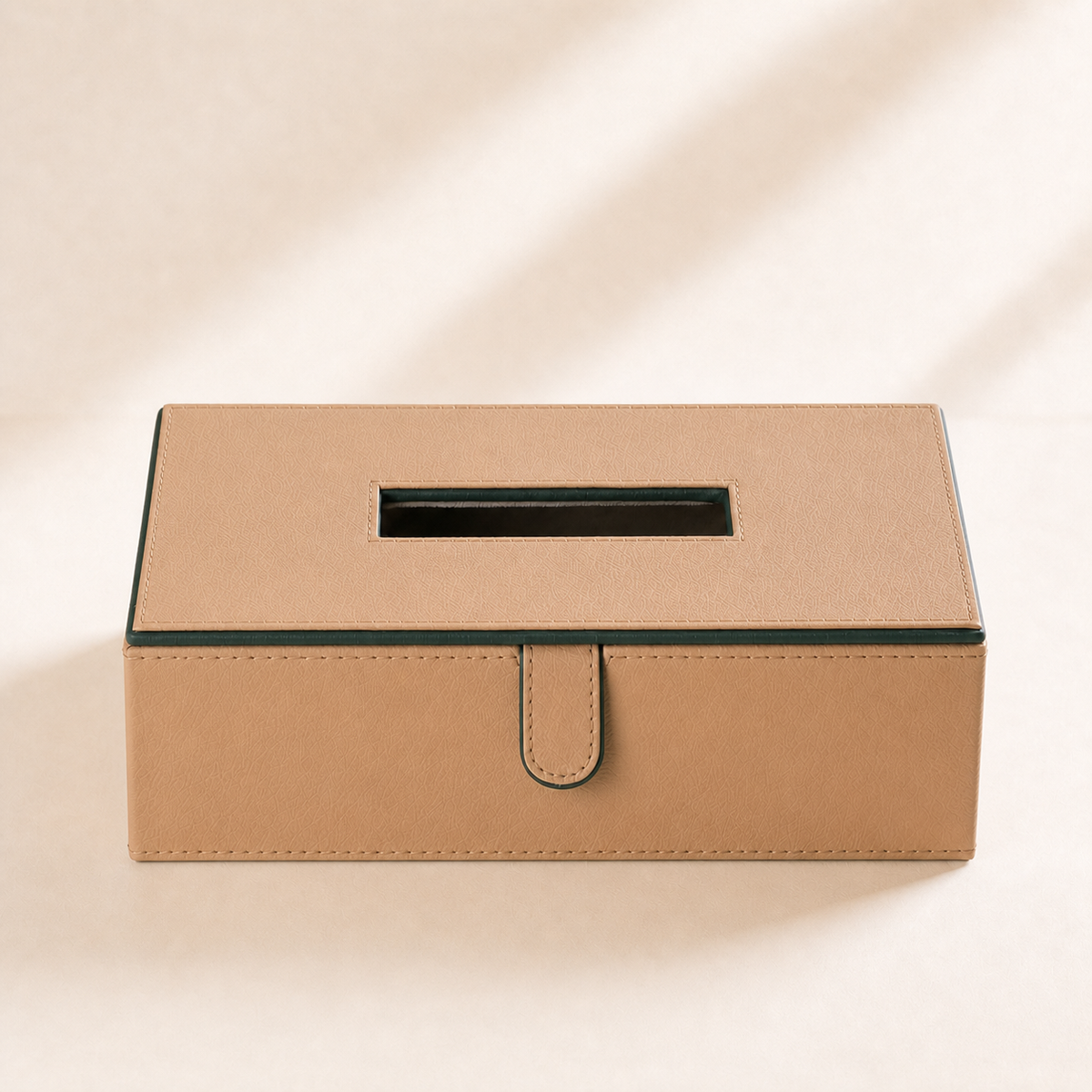 Faux-Leather Tissue Box Cover in Soft Sand — clean studio hero