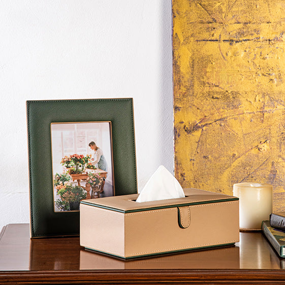 Beige Faux Leather Tissue Box Holder