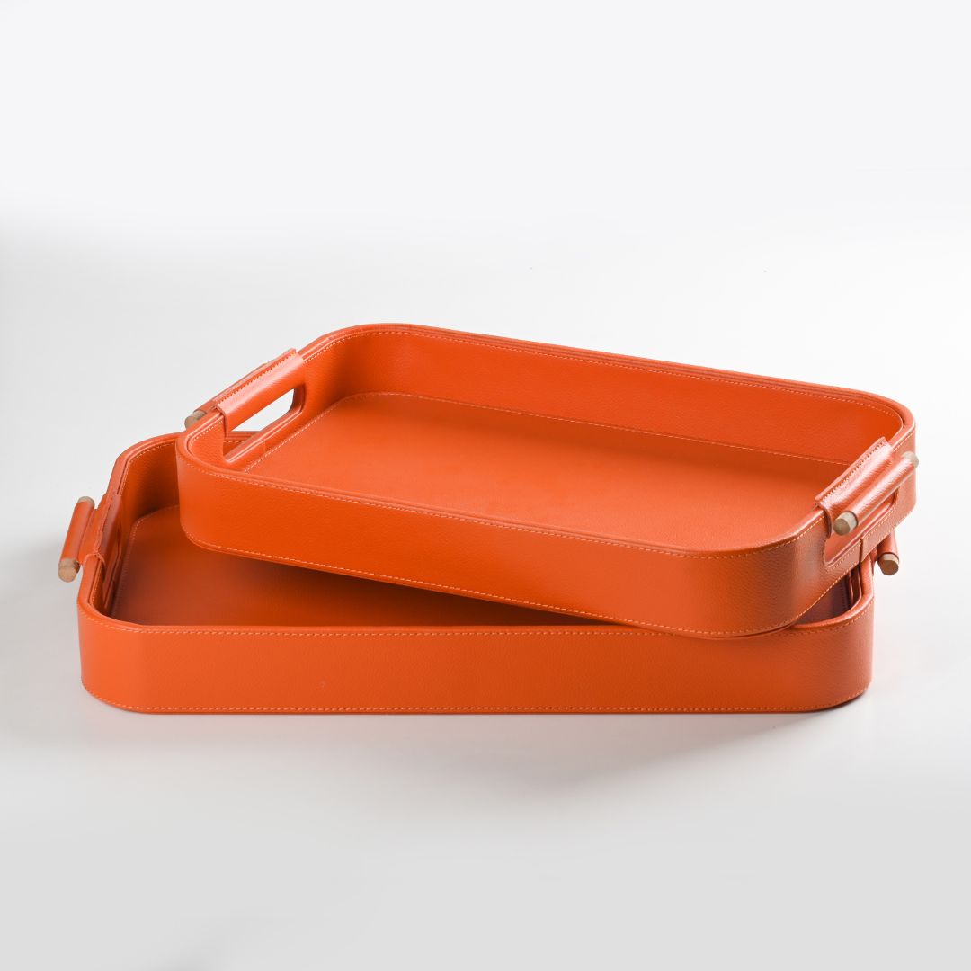 Wood-Handled Serving Tray in Mellow Apricot, Set of 2
